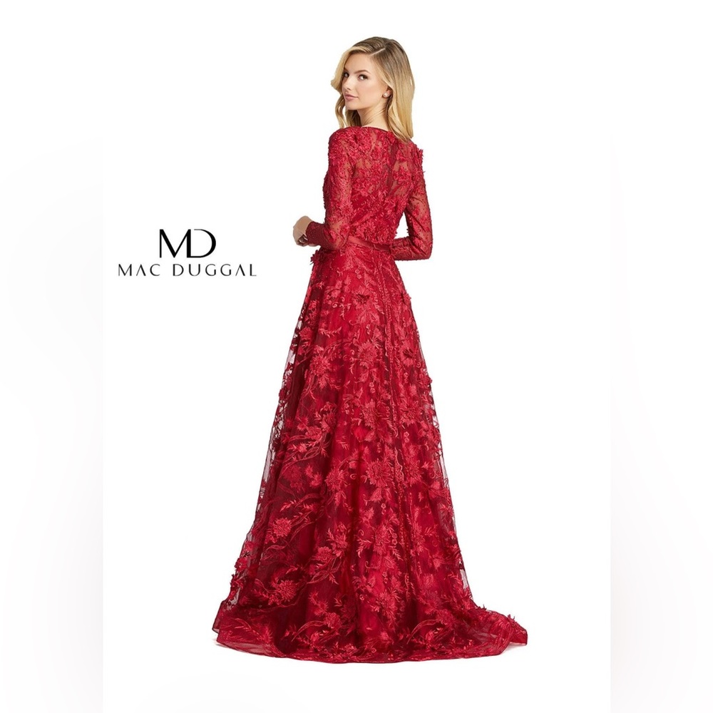 Mac Duggal Long Sleeve A Line Floral Evening Dress